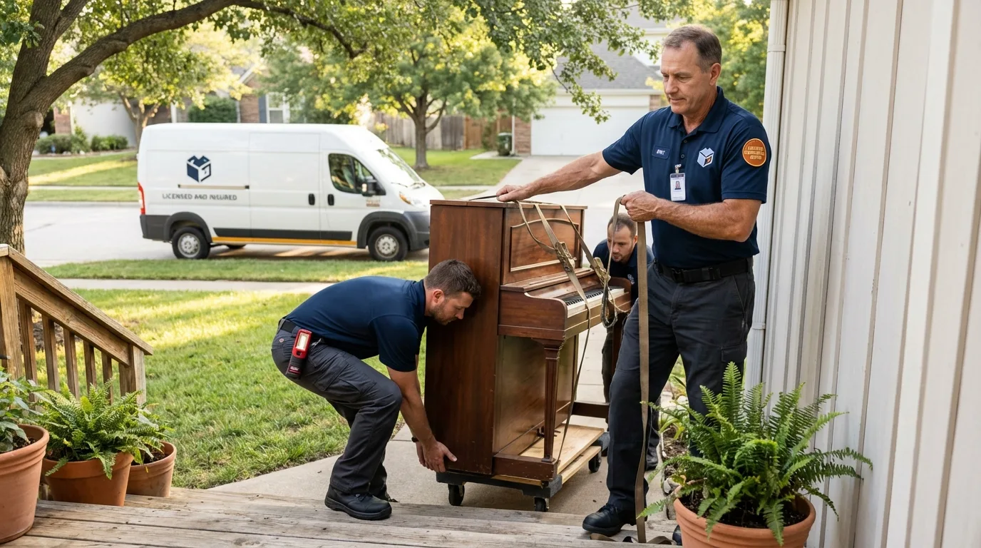 Licensed piano movers securing grand piano in Belleville, KS