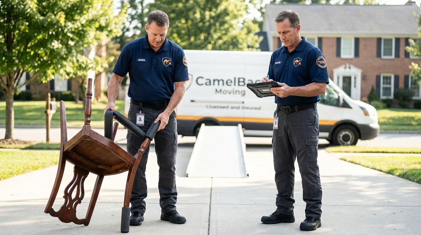 Movers inspecting furniture for damage prevention before loading in Belleville, KS