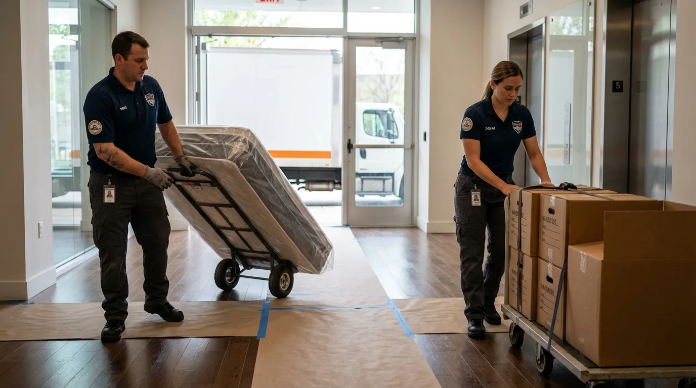 Professional apartment movers loading elevator in Belleville, KS