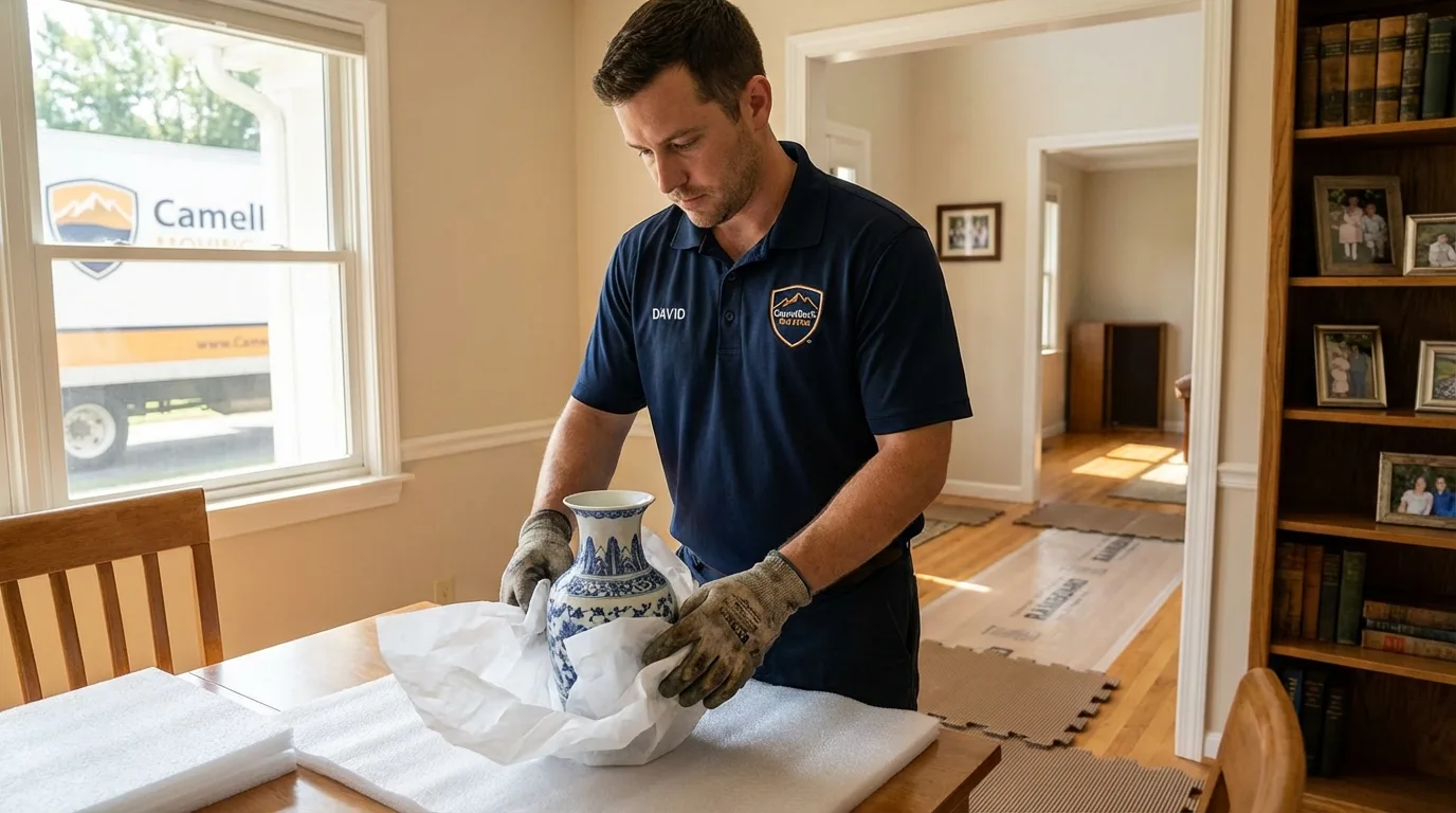 Professional crew carefully wrapping antique vase for senior downsizing move in Belleville, KS